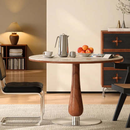 Mid-Century Small Stone Top Round Dining Table — Black / Table Only