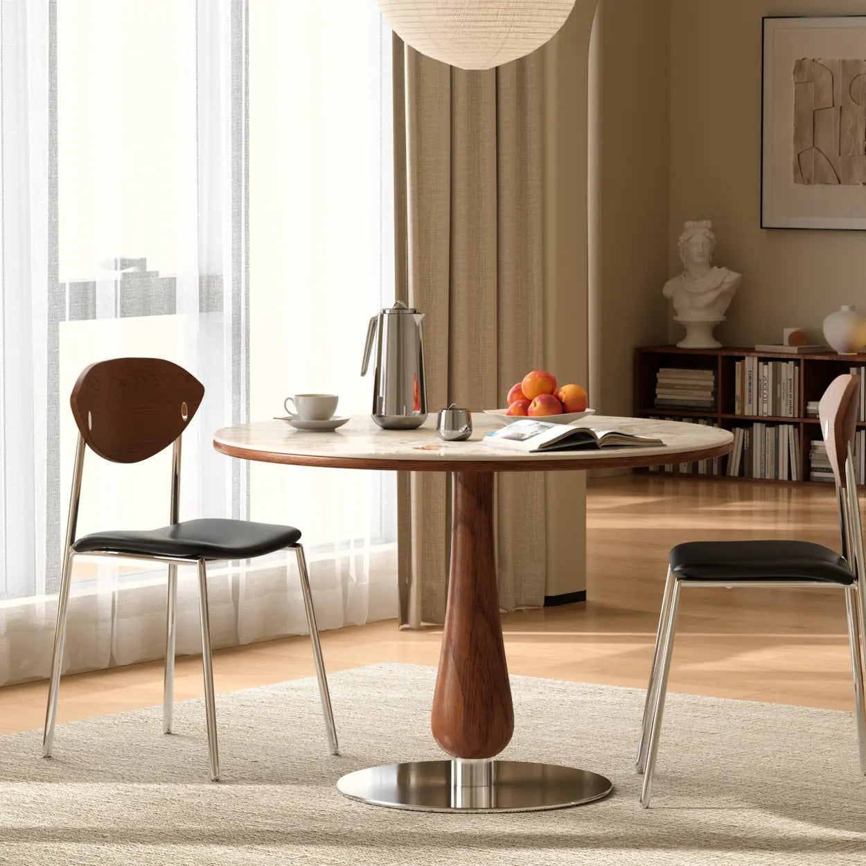 Mid-Century Small Stone Top Round Dining Table — Black / Table Only