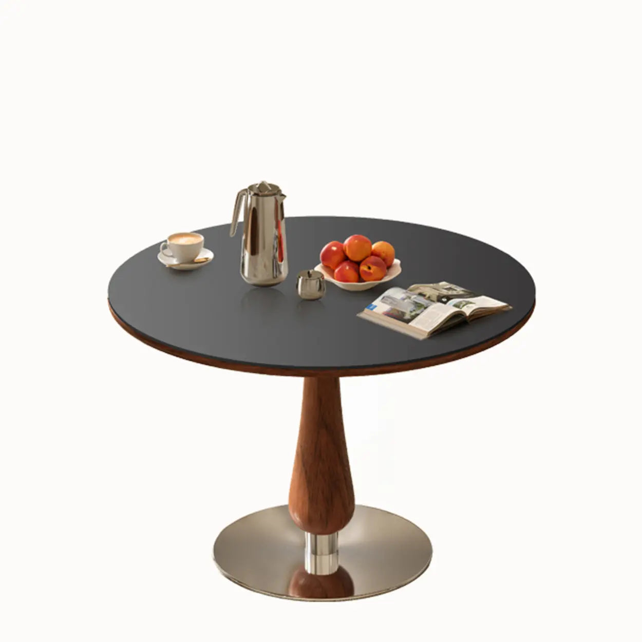 Mid-Century Small Stone Top Round Dining Table — Black / Table Only
