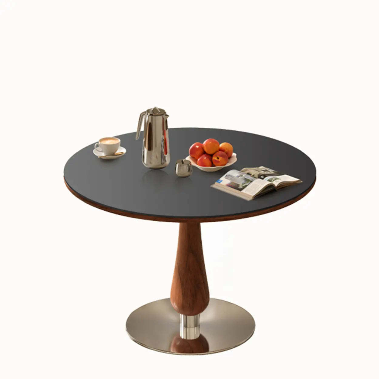 Mid-Century Small Stone Top Round Dining Table — Black / Table Only