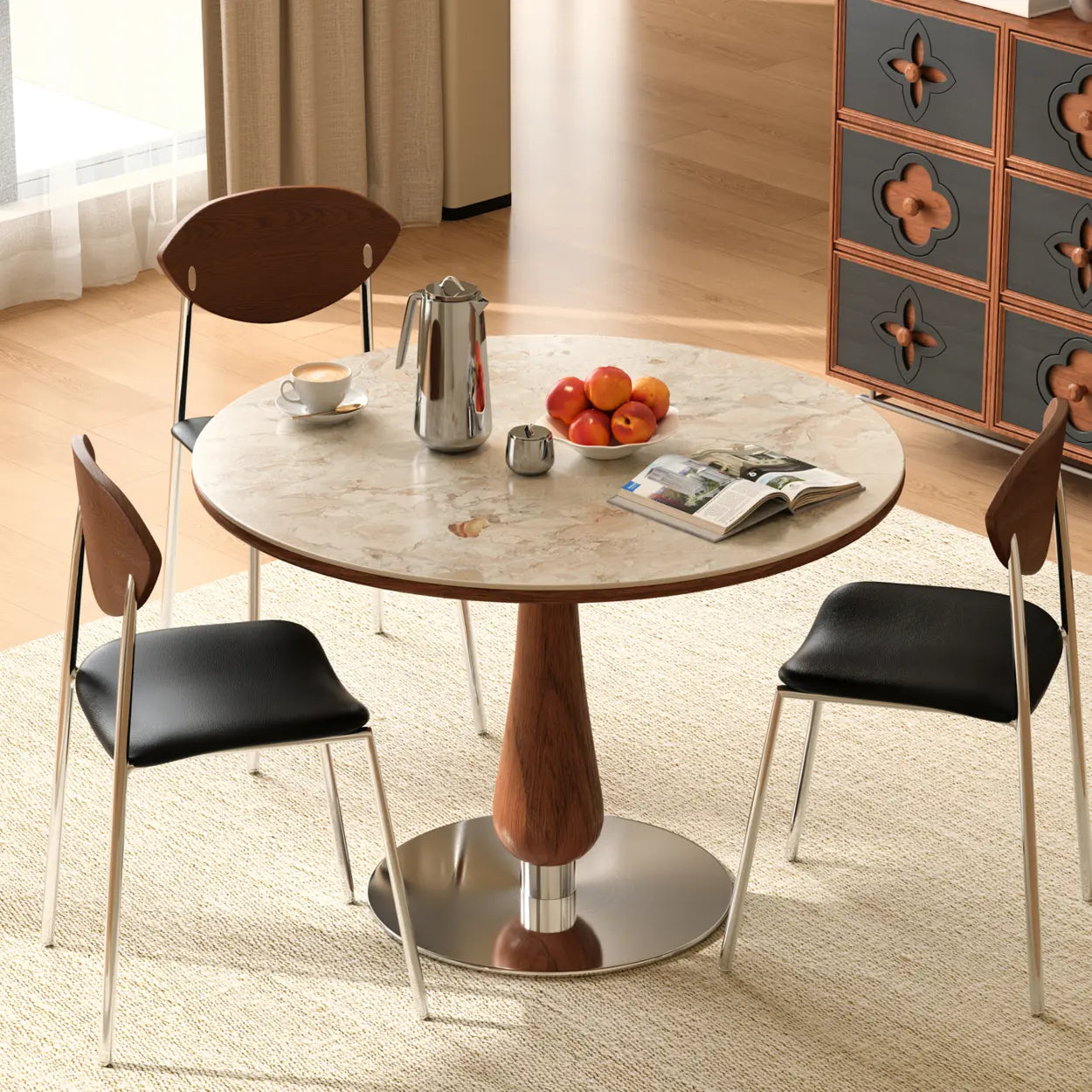 Mid-Century Small Stone Top Round Dining Table — White / Table Only