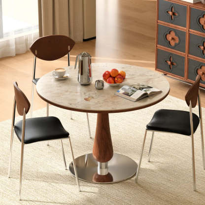 Mid-Century Small Stone Top Round Dining Table — White / Table Only