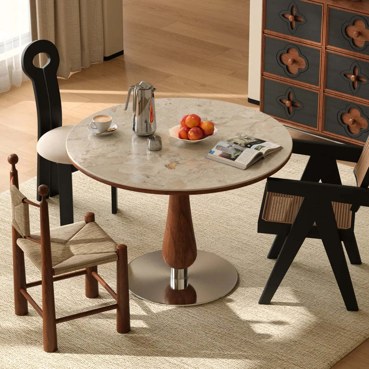 Mid-Century Small Stone Top Round Dining Table — White / Table Only