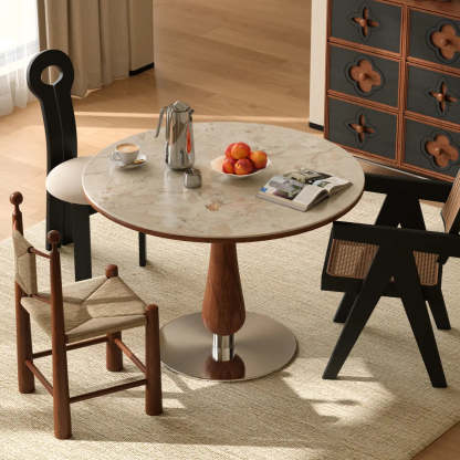Mid-Century Small Stone Top Round Dining Table — White / Table Only