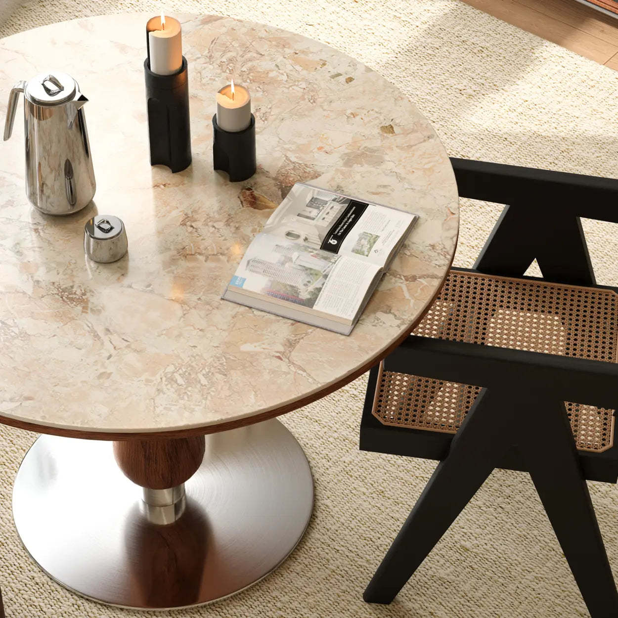 Mid-Century Small Stone Top Round Dining Table — White / Table Only