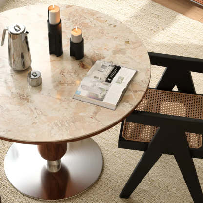Mid-Century Small Stone Top Round Dining Table — White / Table Only