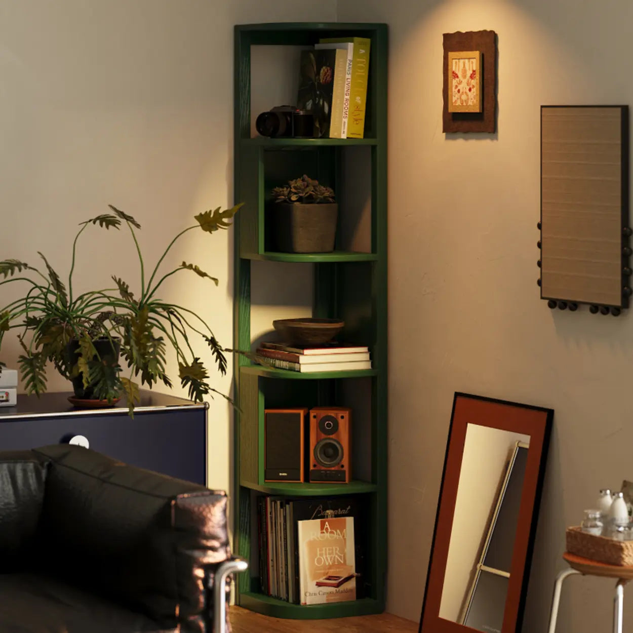 Mid-Century Wood Vertical Corner Bookshelf