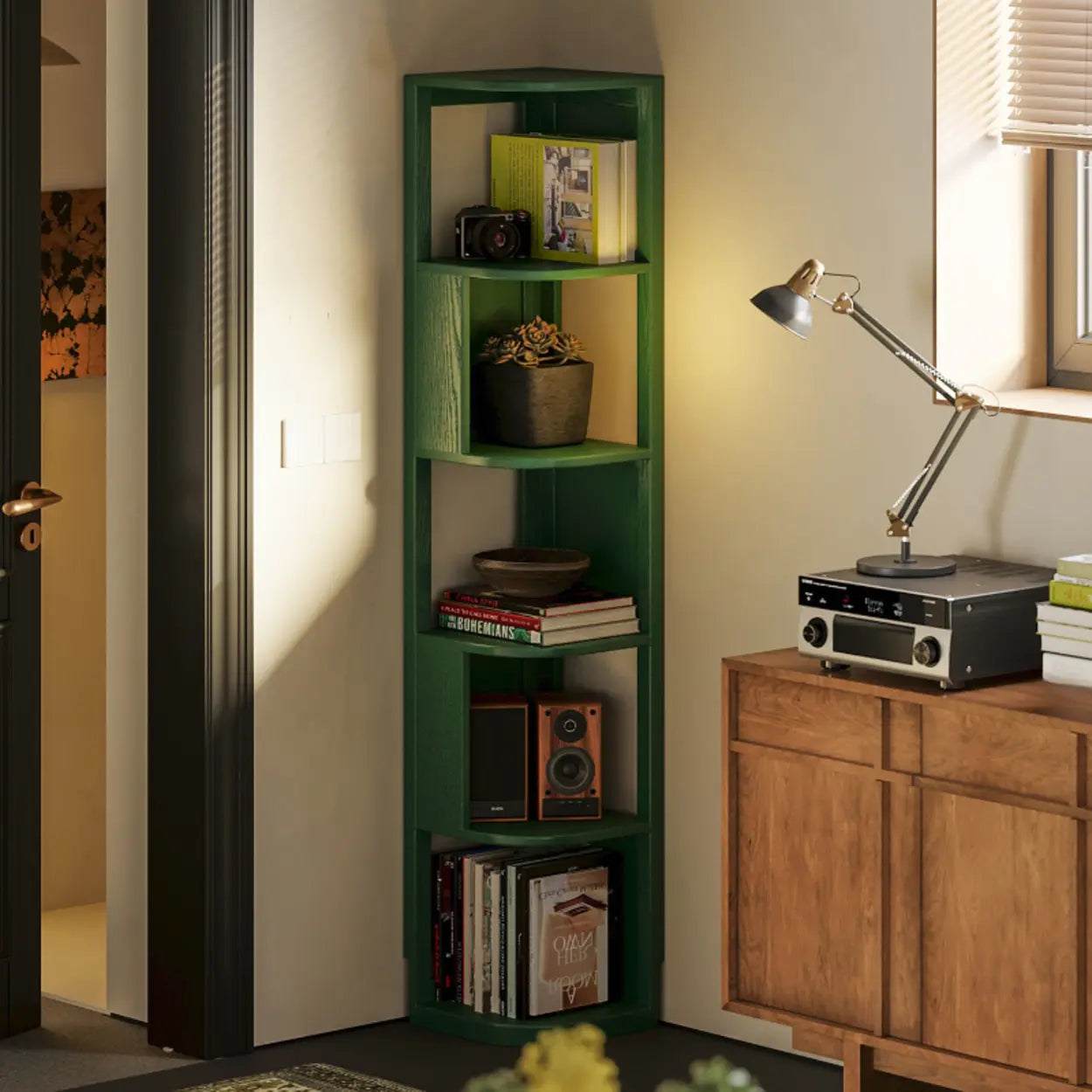 Mid-Century Wood Vertical Corner Bookshelf — Cream