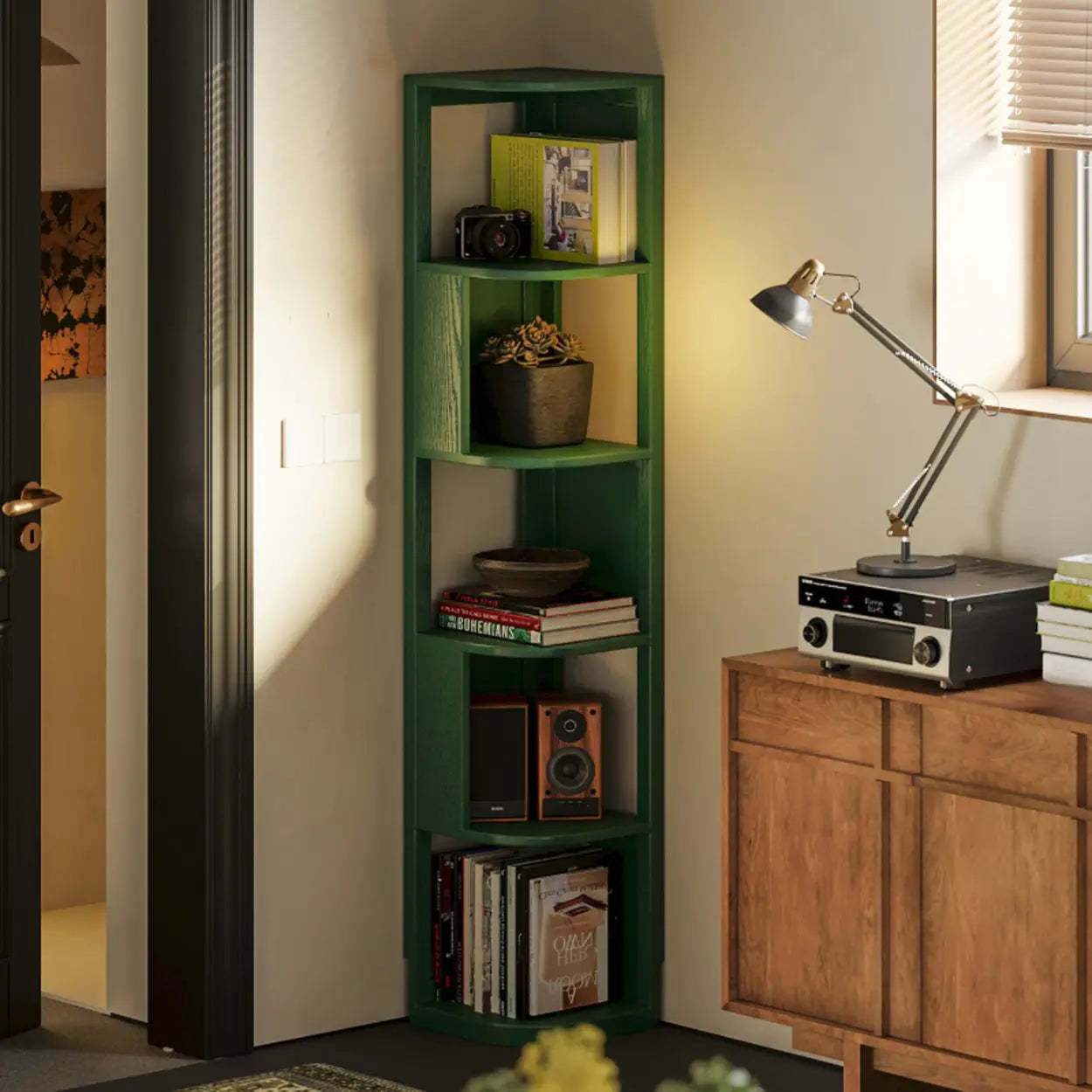 Mid-Century Wood Vertical Corner Bookshelf — Cream