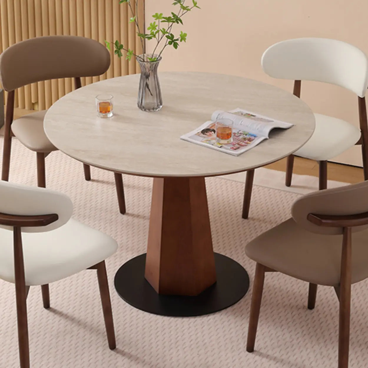 Mid-Century Stone Round Wood Pedestal Dining Table