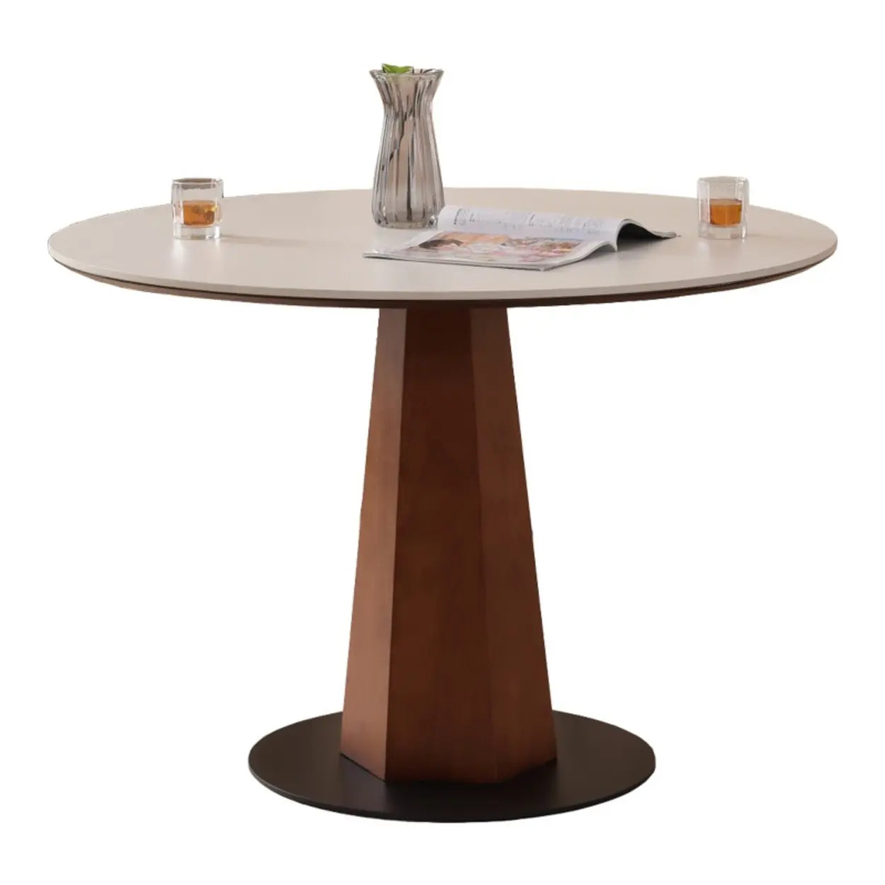 Mid-Century Stone Round Wood Pedestal Dining Table — Black / Table Only