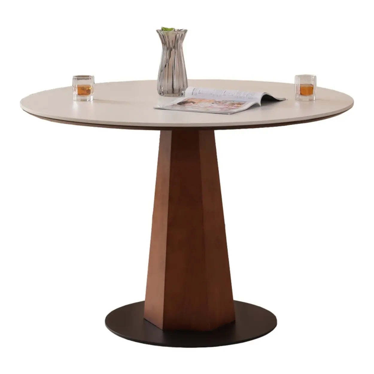 Mid-Century Stone Round Wood Pedestal Dining Table — Black / Table Only