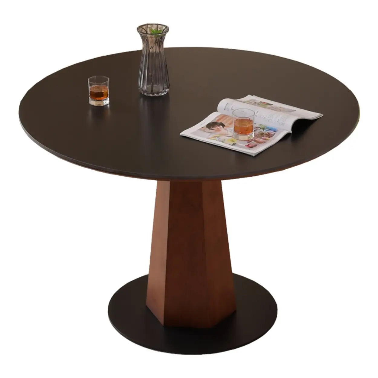 Mid-Century Stone Round Wood Pedestal Dining Table — White / Table Only