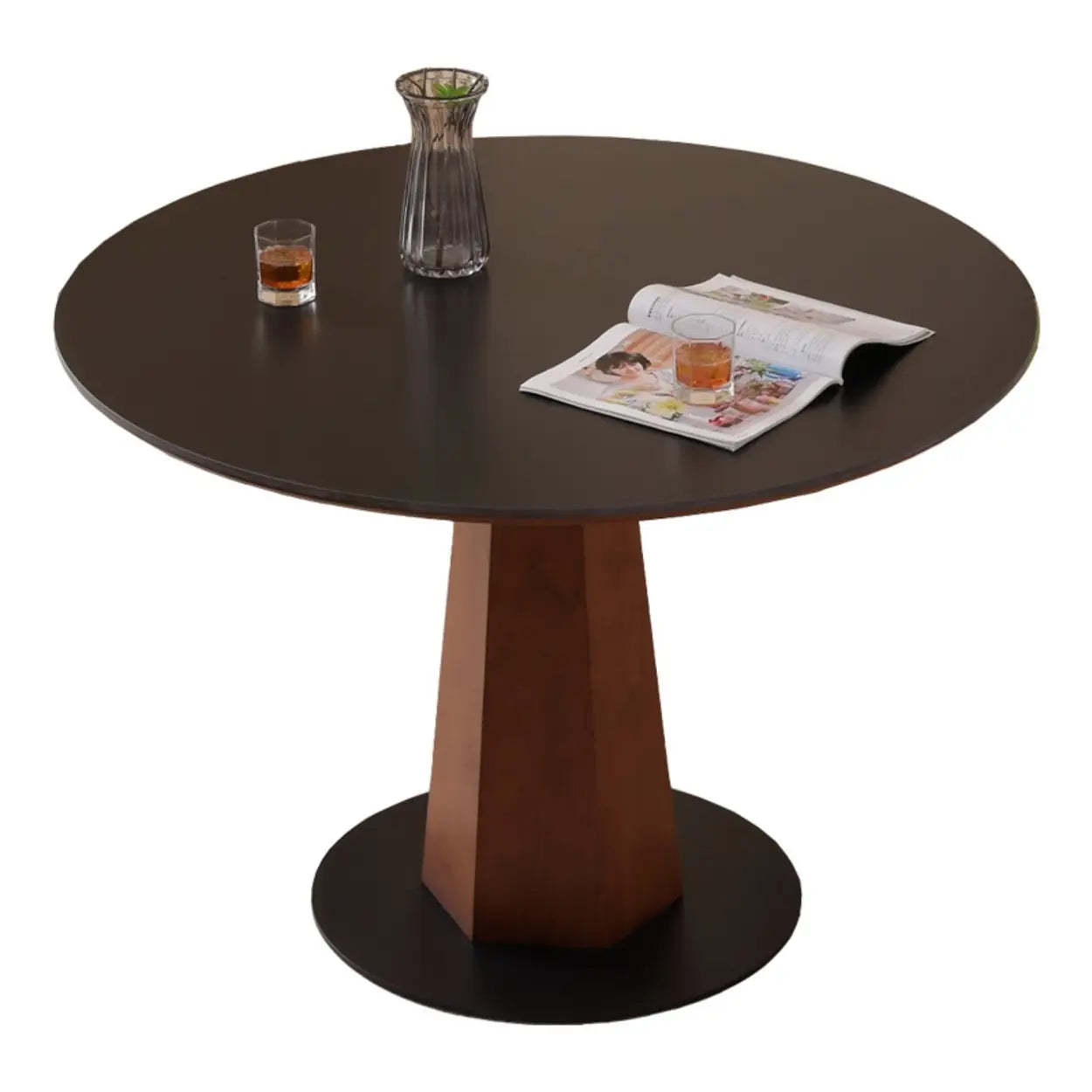 Mid-Century Stone Round Wood Pedestal Dining Table — White / Table Only
