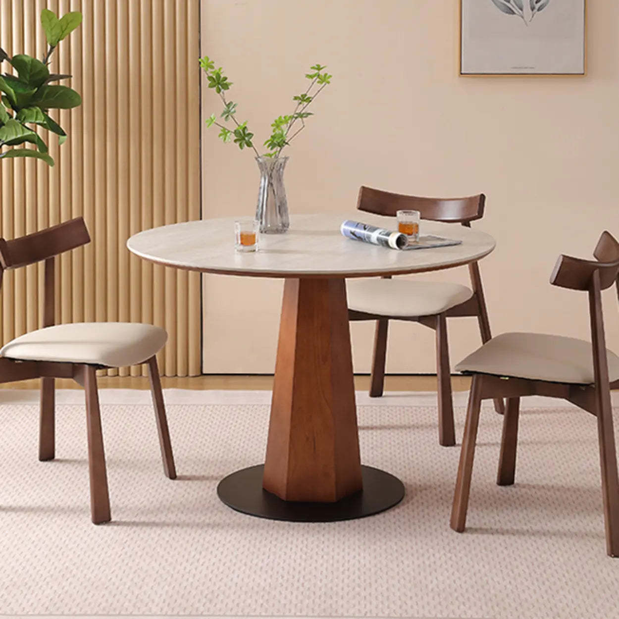 Mid-Century Stone Round Wood Pedestal Dining Table — Black / Table Only