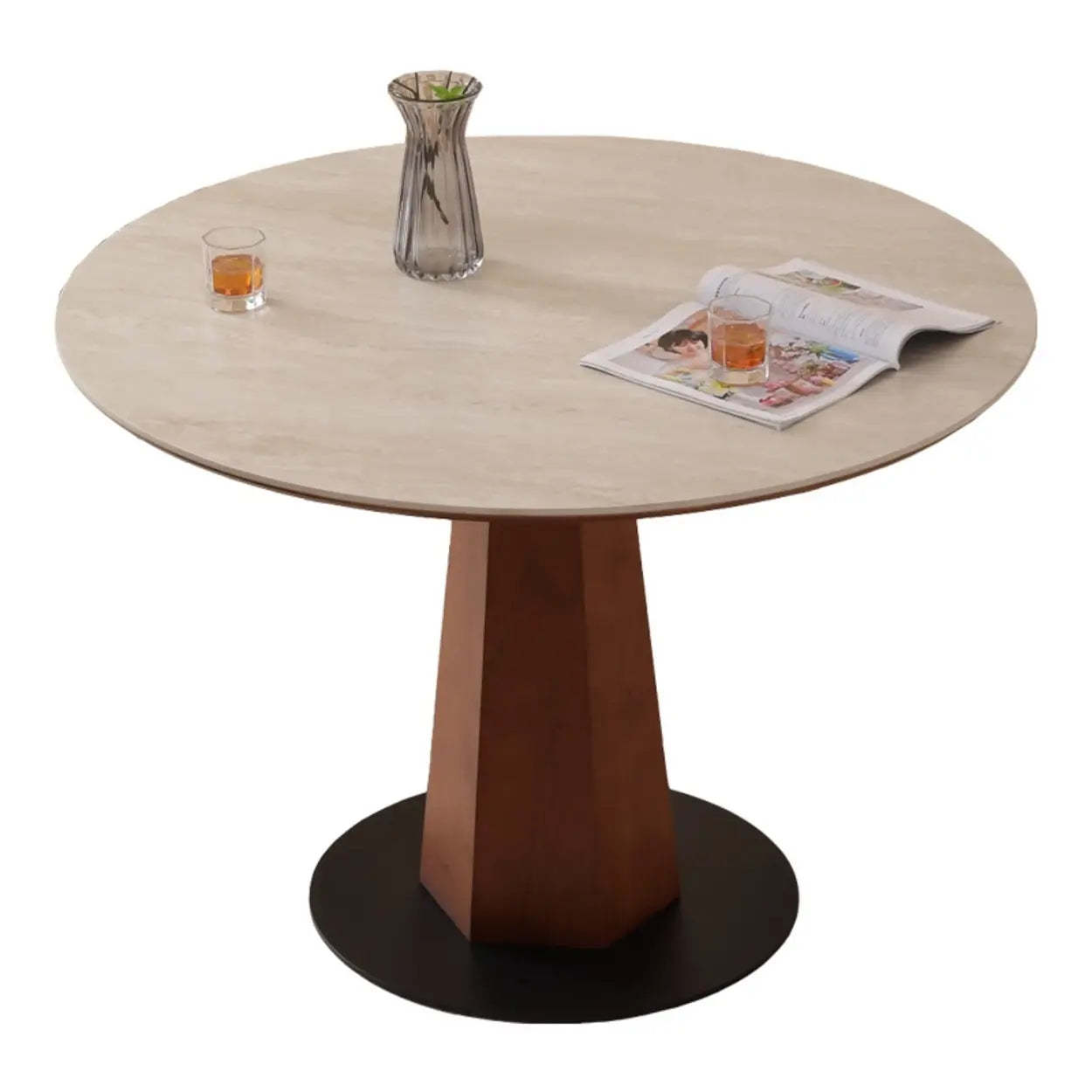 Mid-Century Stone Round Wood Pedestal Dining Table — White / Table Only