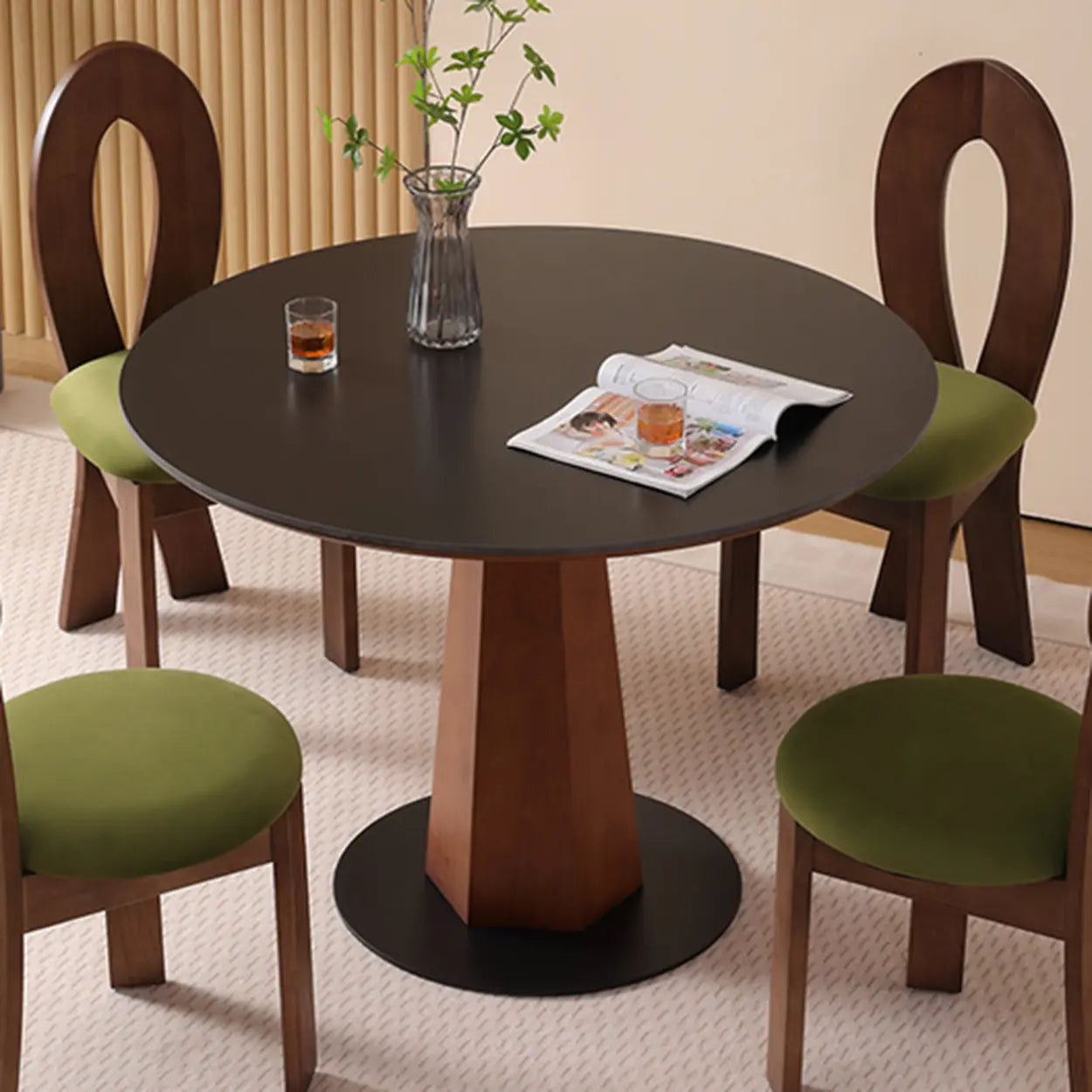 Mid-Century Stone Round Wood Pedestal Dining Table — Black / Table Only