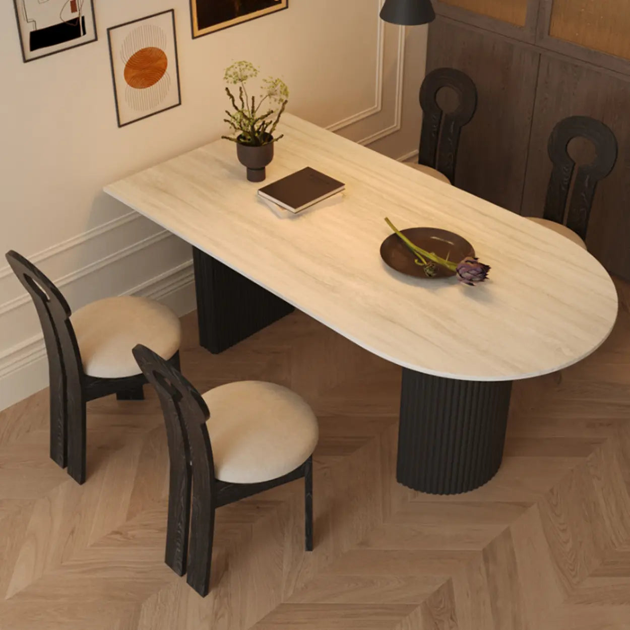 Mid-Century Stone Top Oval Ribbed Leg Dining Table — Table Only