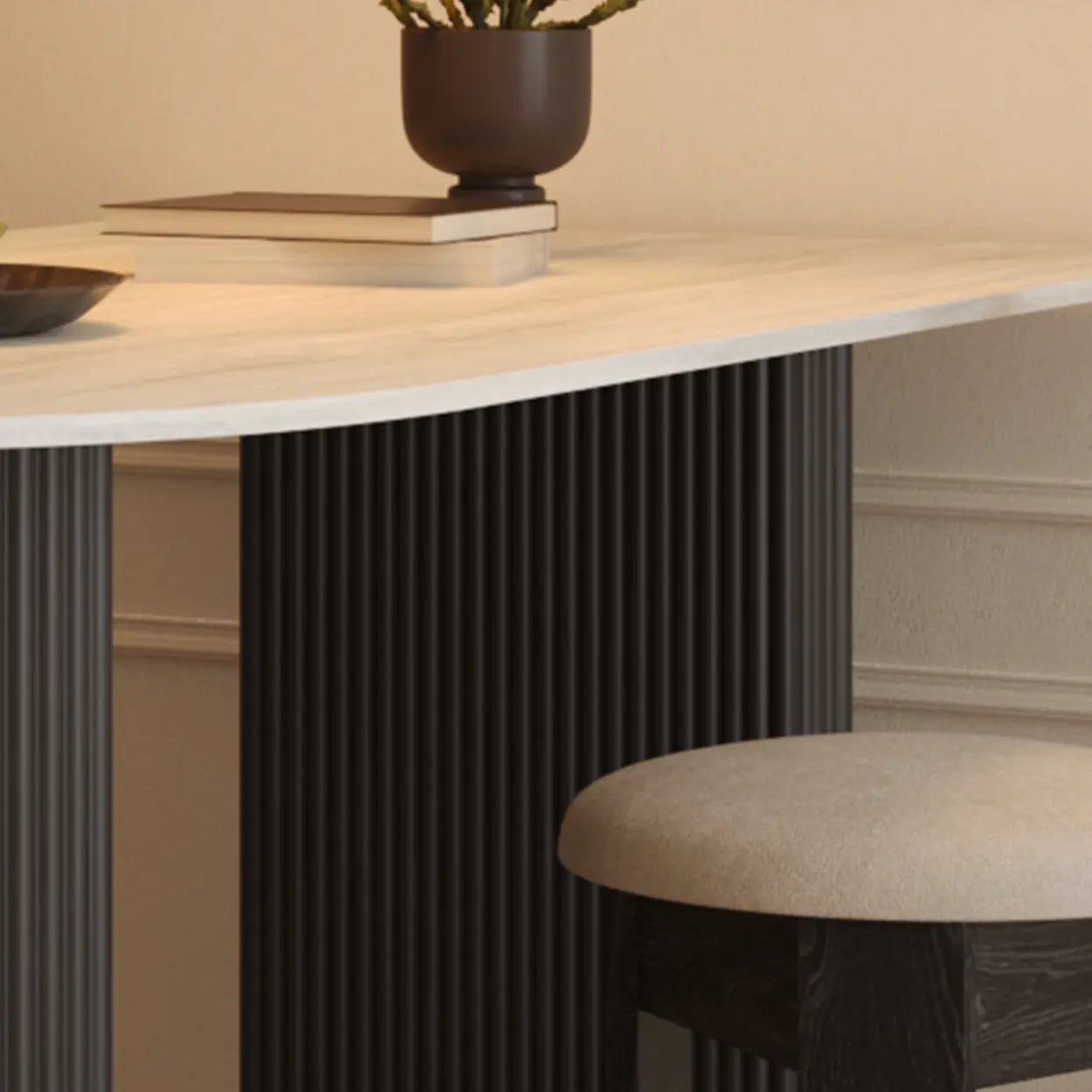 Mid-Century Stone Top Oval Ribbed Leg Dining Table