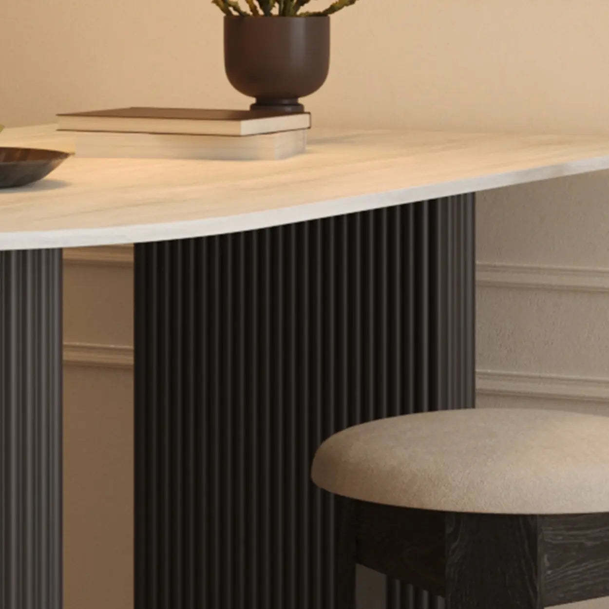 Mid-Century Stone Top Oval Ribbed Leg Dining Table