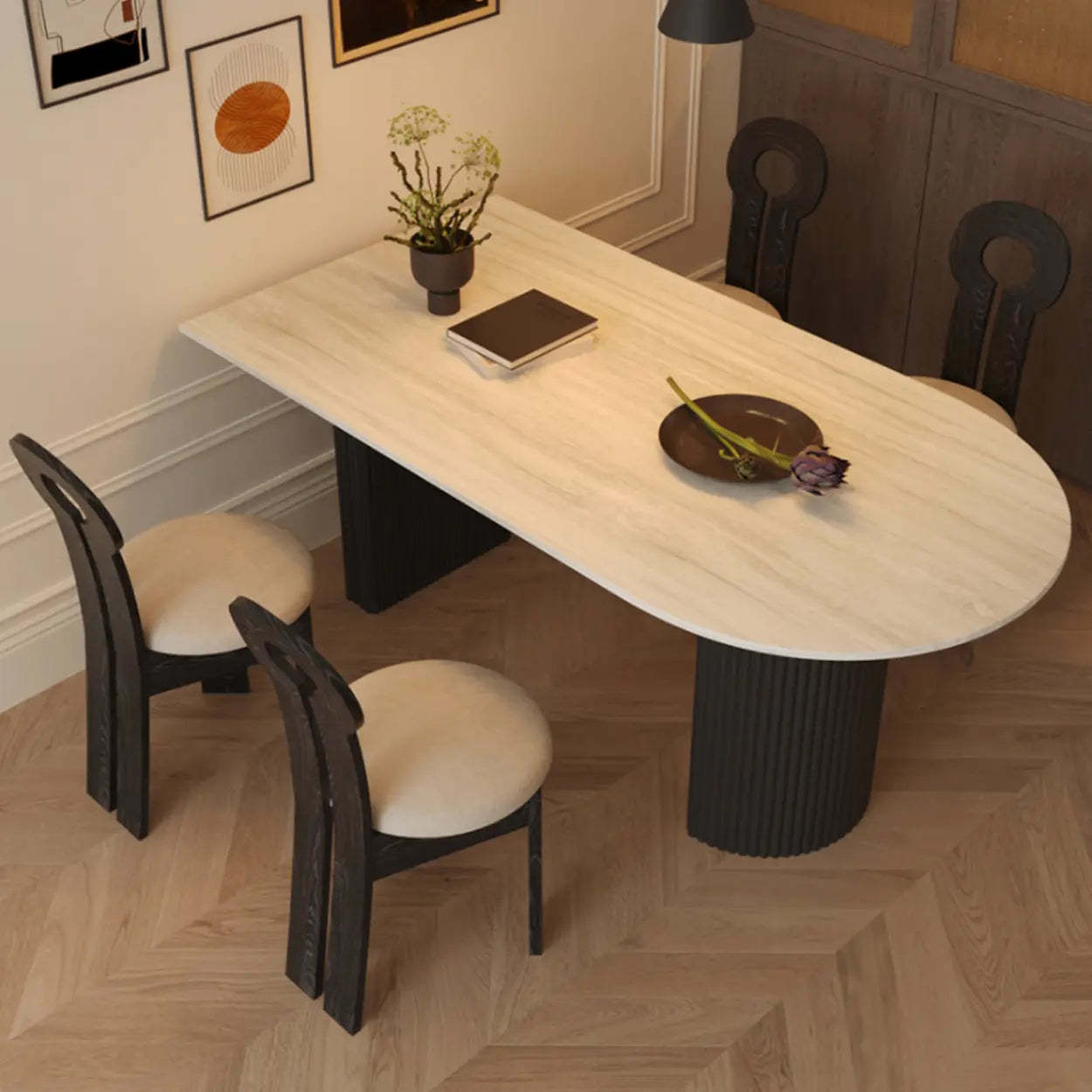 Mid-Century Stone Top Oval Ribbed Leg Dining Table — Table Only