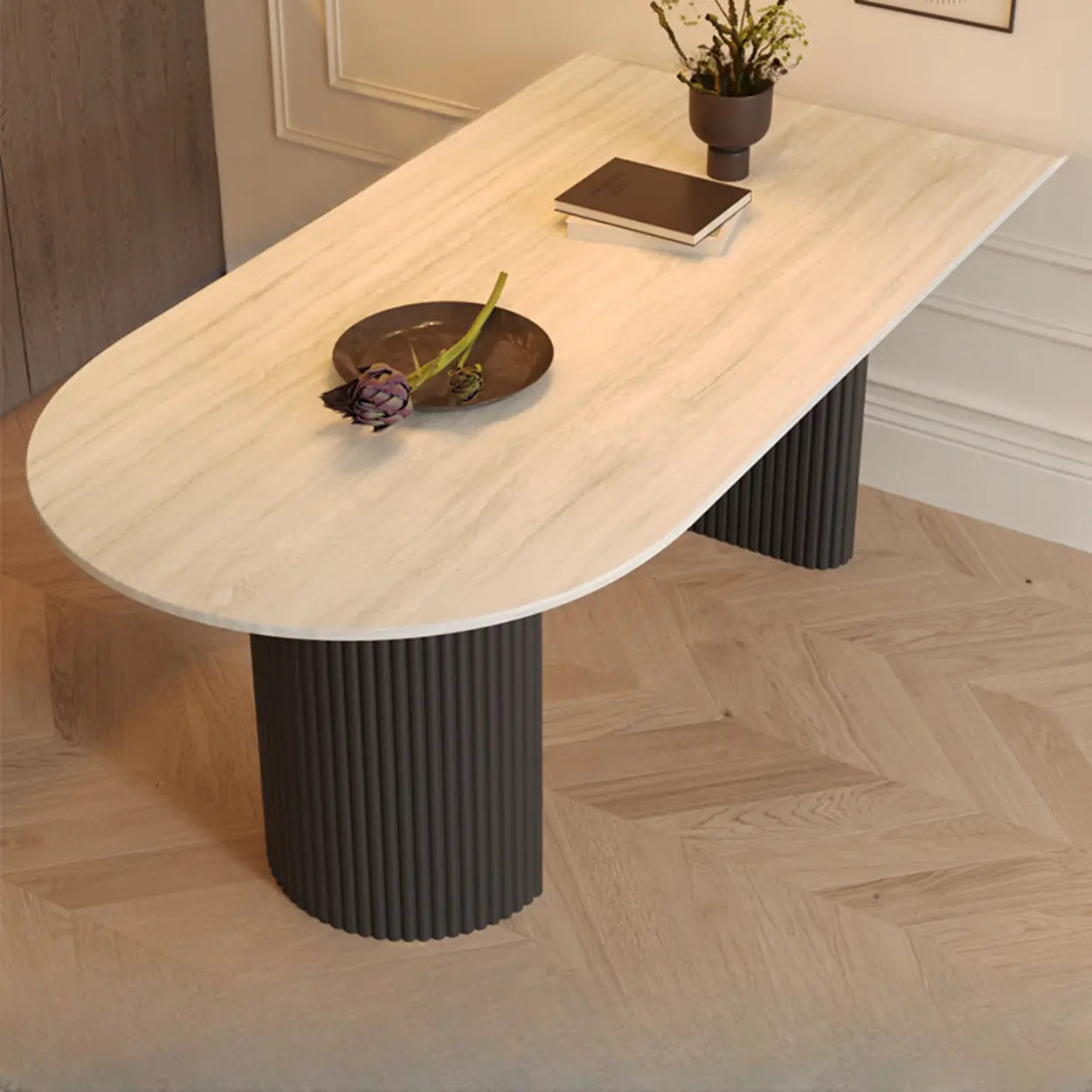 Mid-Century Stone Top Oval Ribbed Leg Dining Table — Table Only