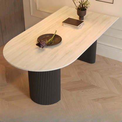 Mid-Century Stone Top Oval Ribbed Leg Dining Table — Table Only