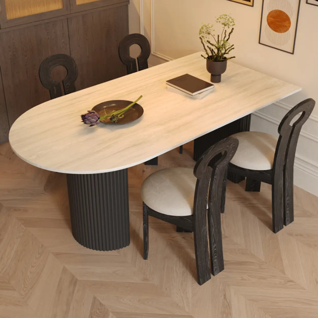 Mid-Century Stone Top Oval Ribbed Leg Dining Table — Table Only