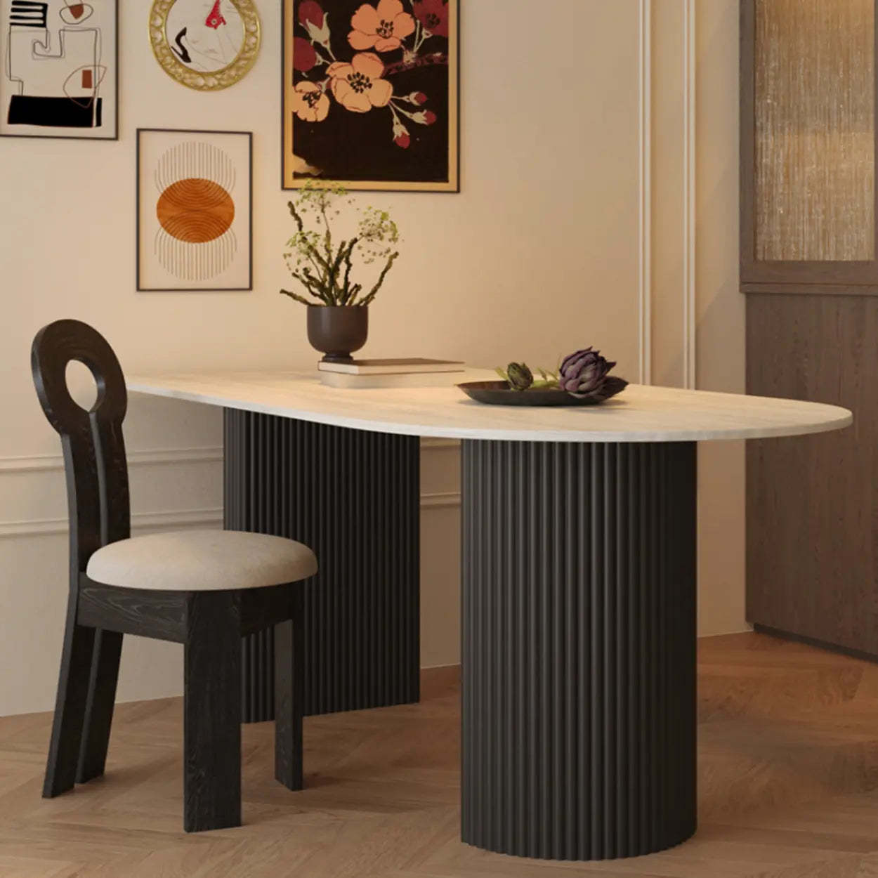 Mid-Century Stone Top Oval Ribbed Leg Dining Table — Table Only
