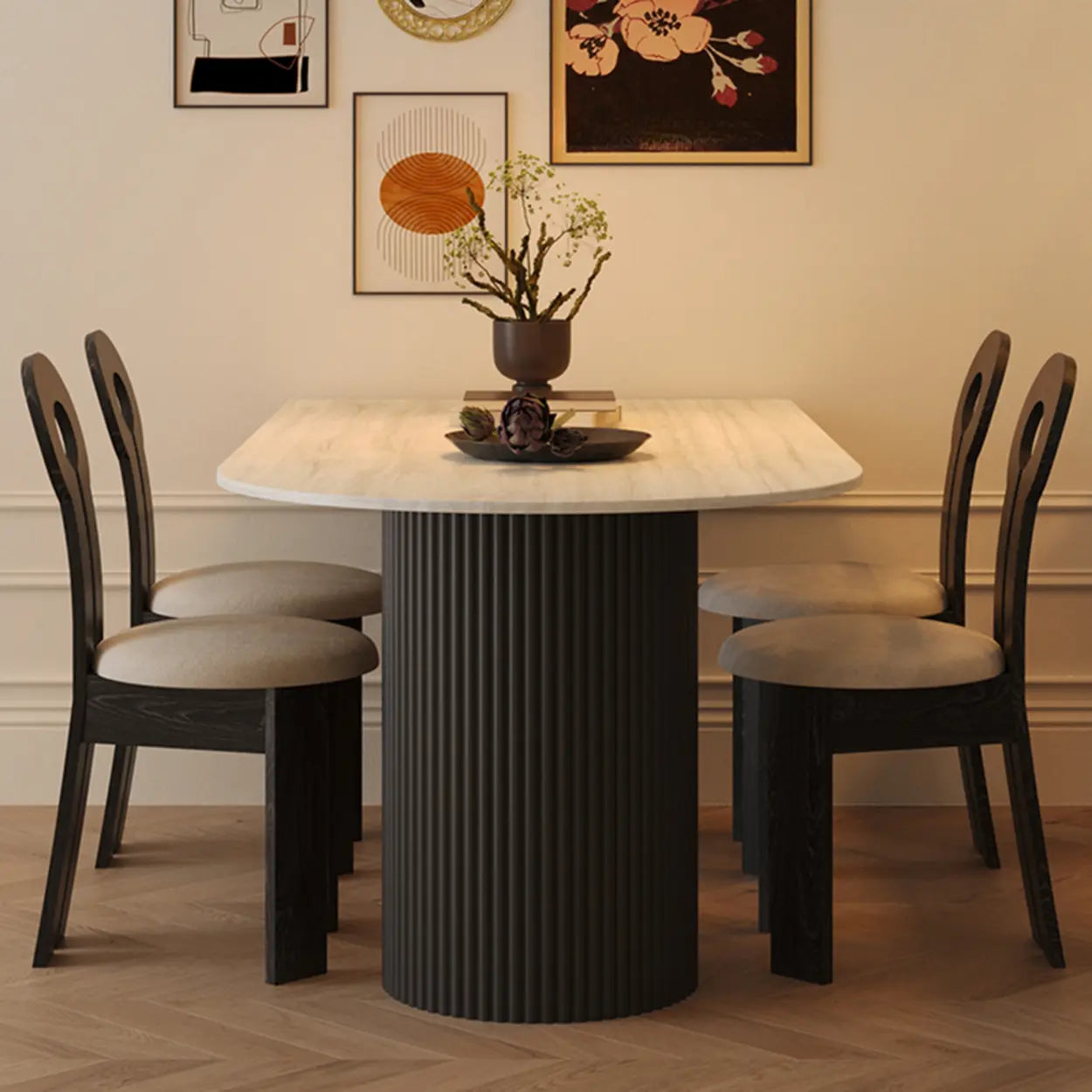Mid-Century Stone Top Oval Ribbed Leg Dining Table