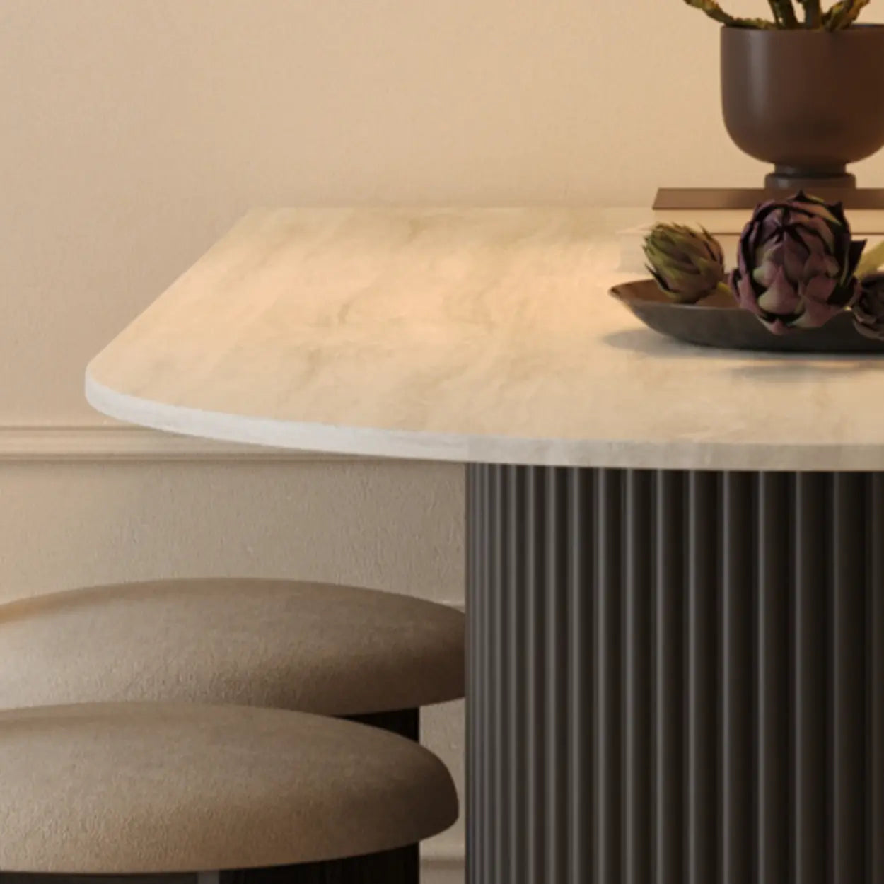 Mid-Century Stone Top Oval Ribbed Leg Dining Table
