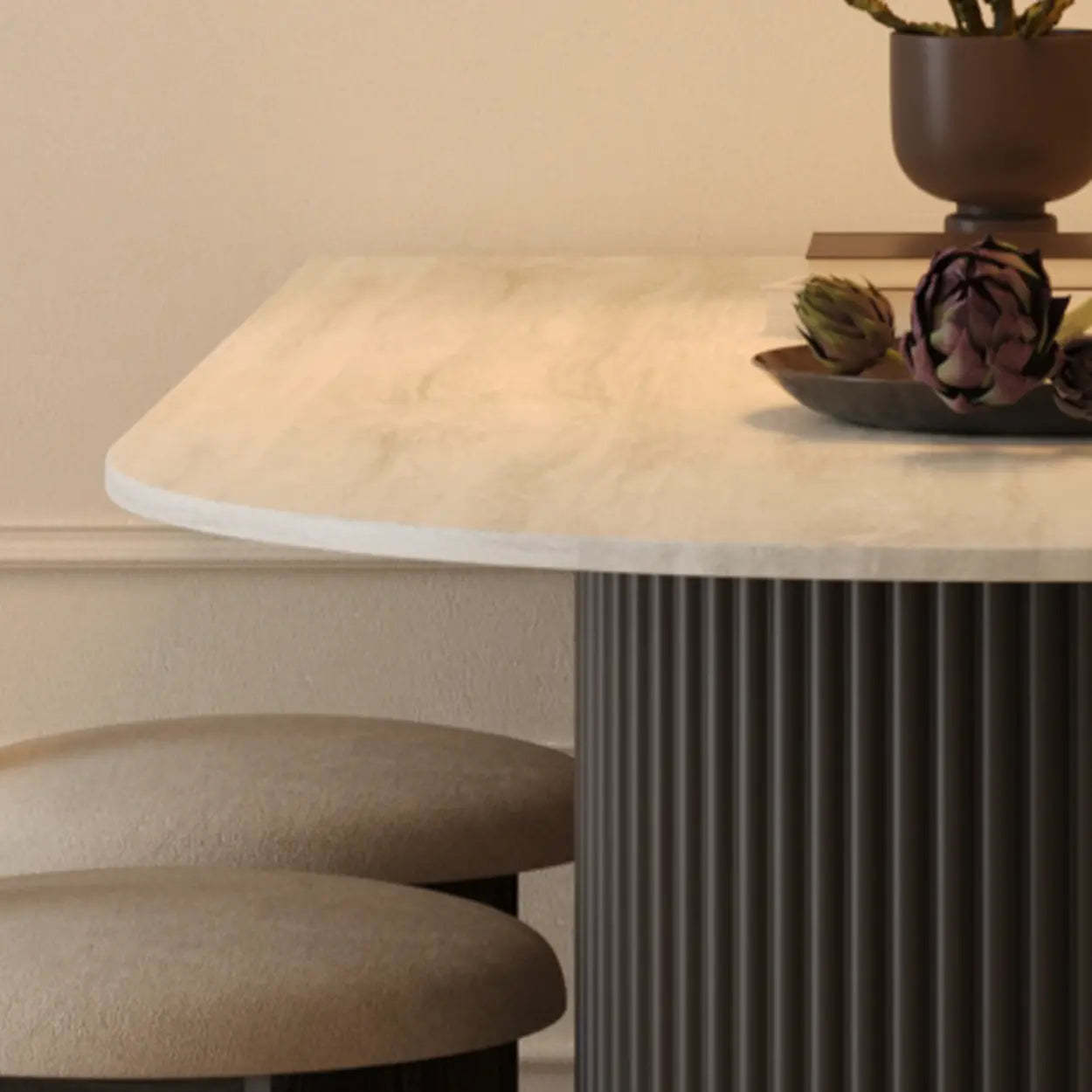 Mid-Century Stone Top Oval Ribbed Leg Dining Table