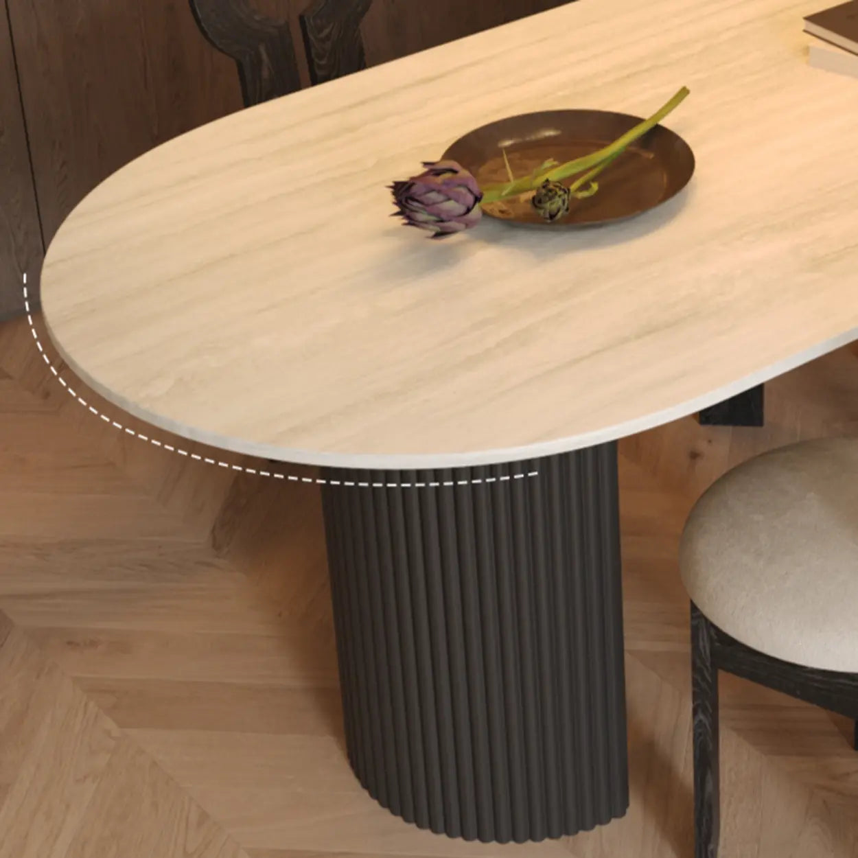 Mid-Century Stone Top Oval Ribbed Leg Dining Table