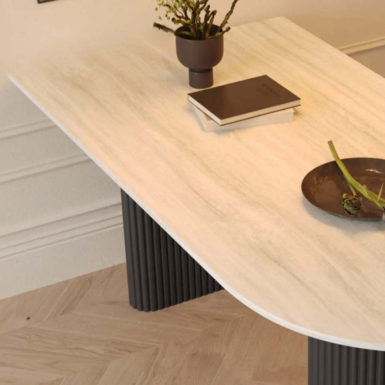 Mid-Century Stone Top Oval Ribbed Leg Dining Table