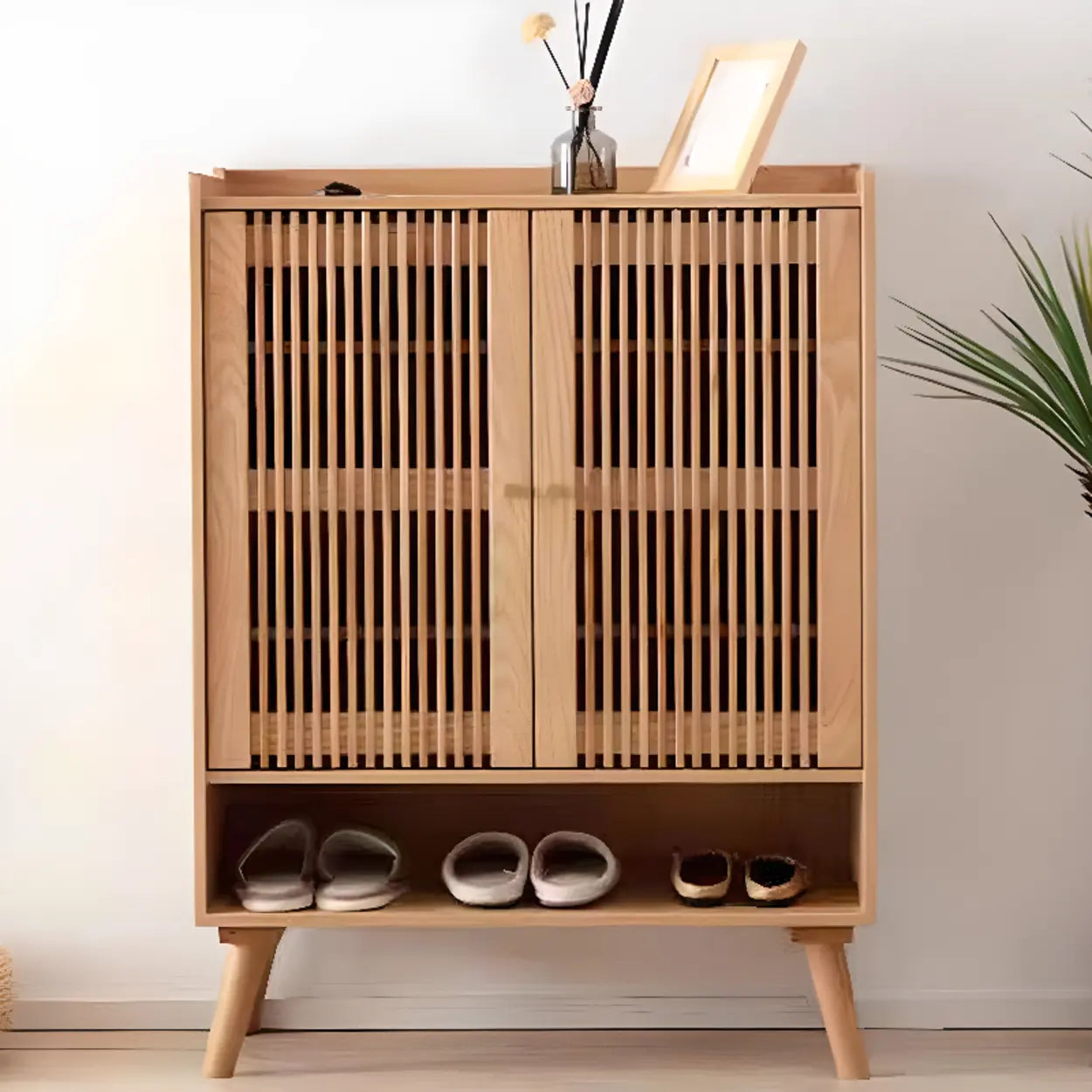Mid-Century Modern Natural Wood Shoe Cabinet