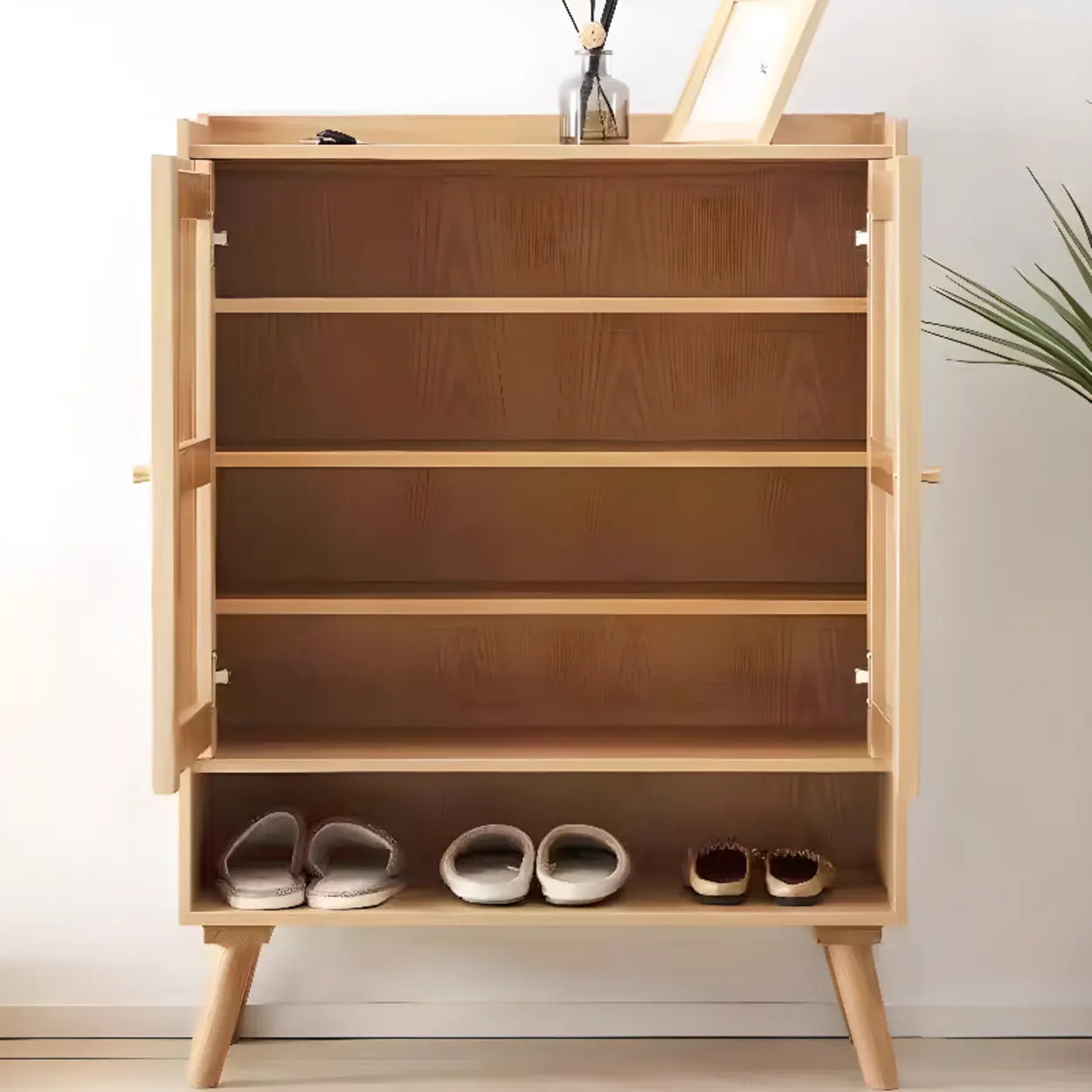 Mid-Century Modern Natural Wood Shoe Cabinet