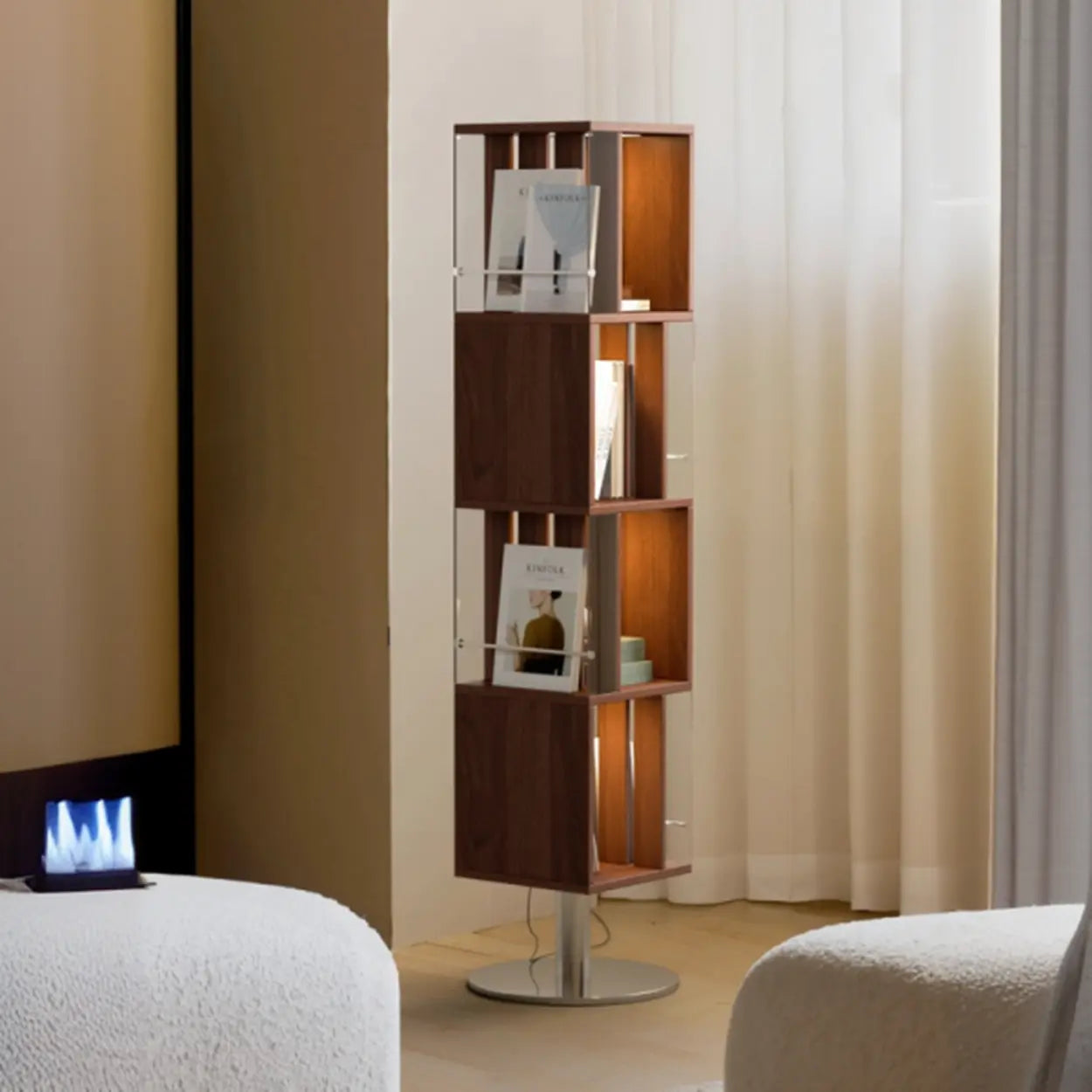 Mid-Century Cube Tiered Wood Corner Bookshelf — Brown