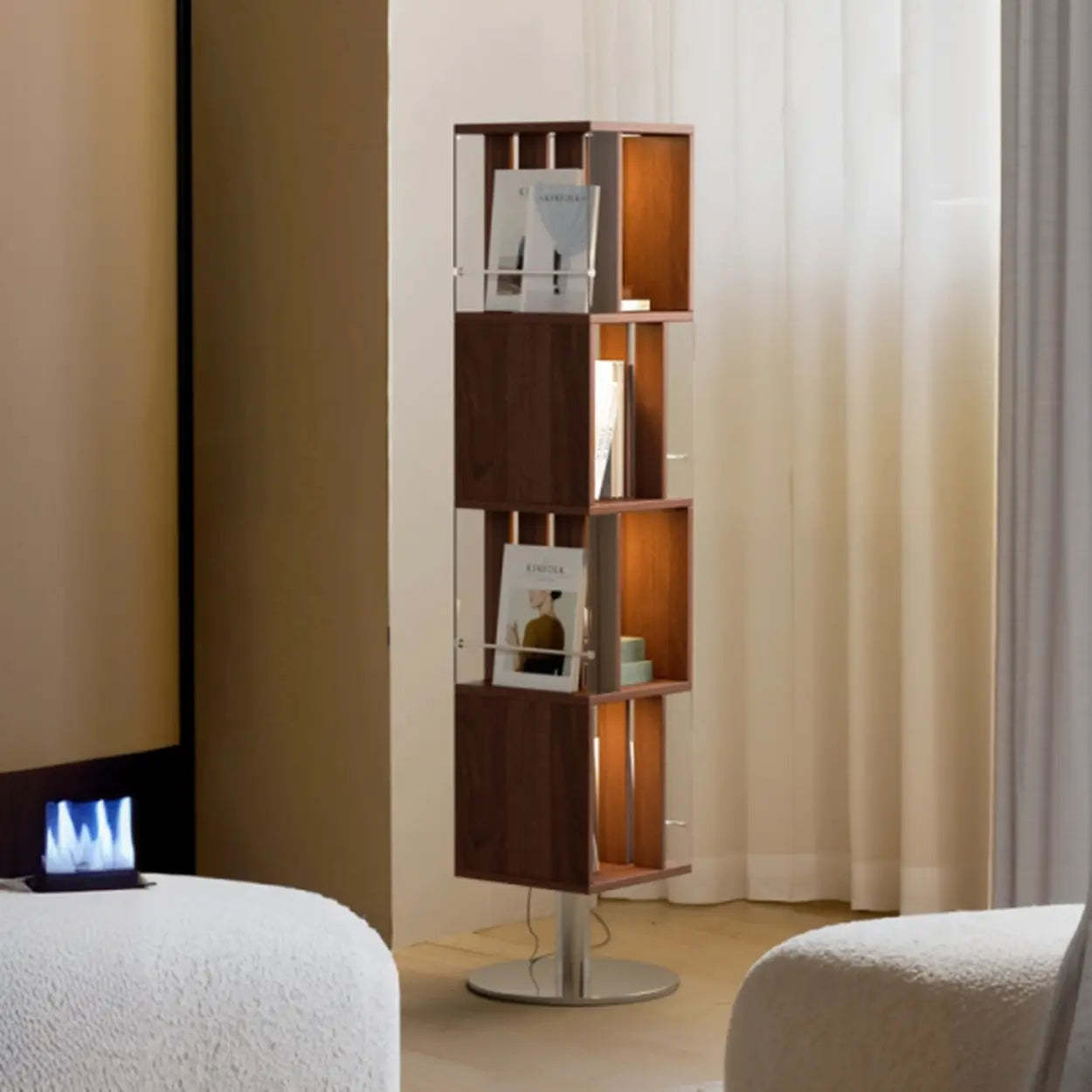 Mid-Century Cube Tiered Wood Corner Bookshelf — Brown