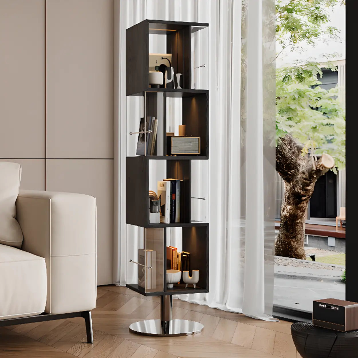 Mid-Century Cube Tiered Wood Corner Bookshelf