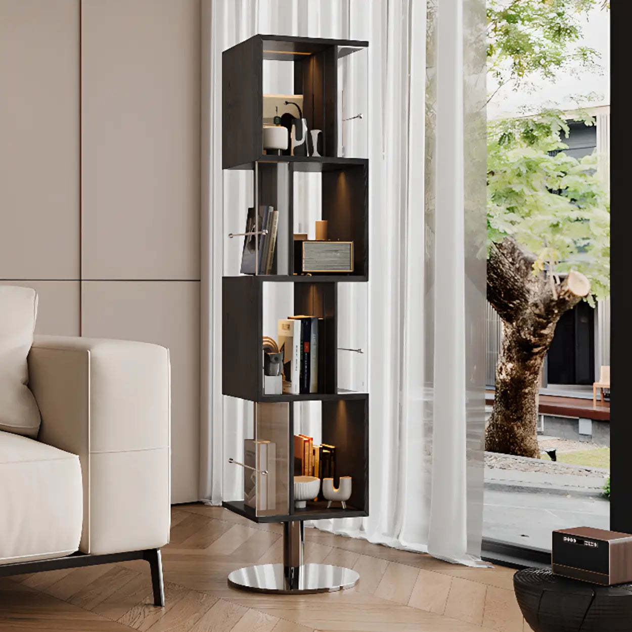 Modern corner cube wood bookcases in wood brass steel