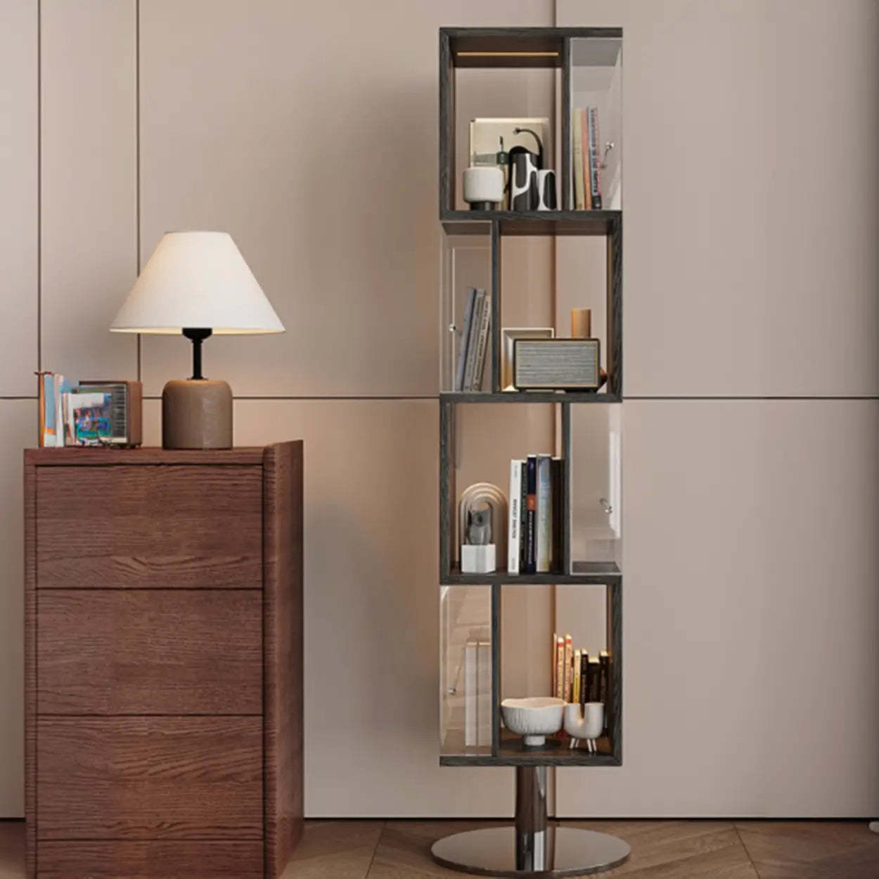 Mid-Century Cube Tiered Wood Corner Bookshelf