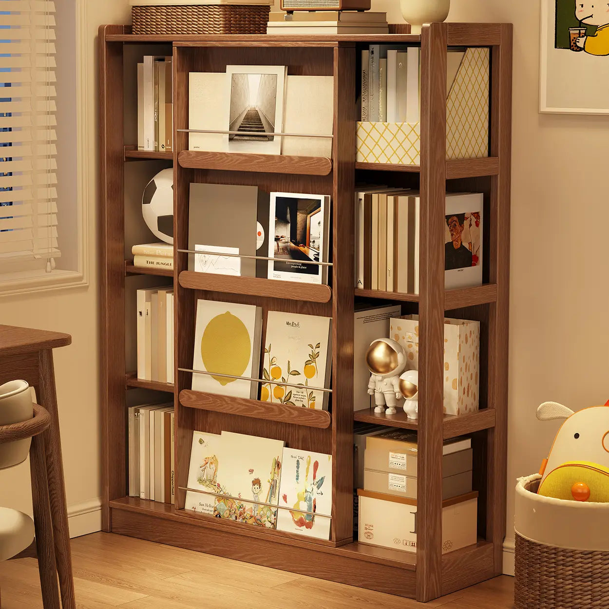 Mid-Century Wood Sliding Door Tiered Bookshelf