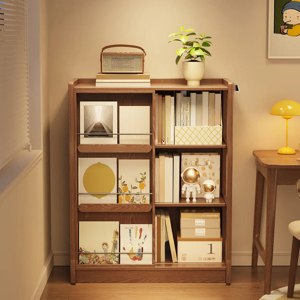 Modern tiered sliding display cabinets in wood — 35" L x 15" W x 60" H