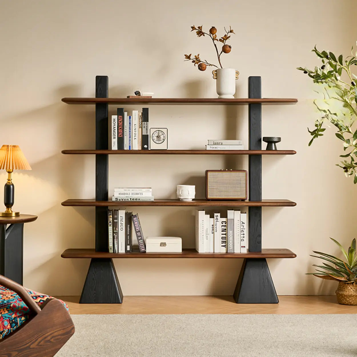 Mid-Century Wood Tiered Open Back Bookshelf — Natural Finish