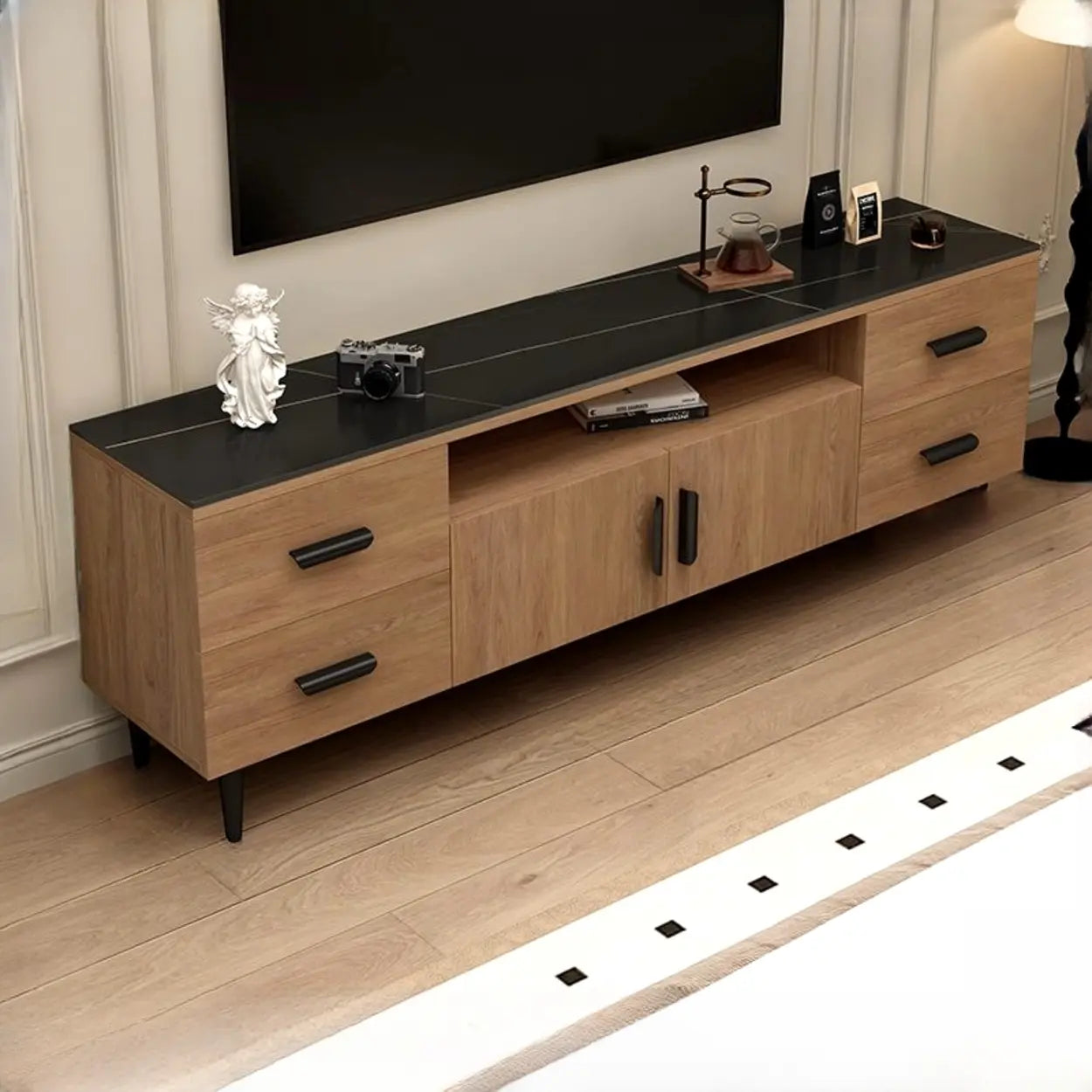 Mid-Century Walnut TV Stand with Black Top