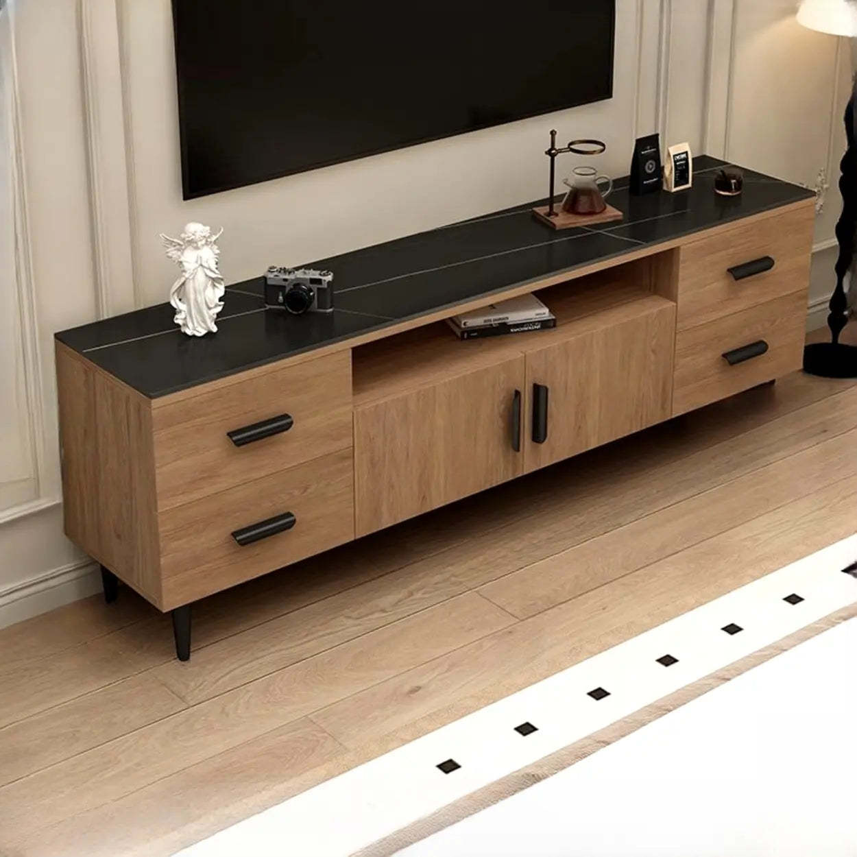 Mid-Century Walnut TV Stand with Black Top