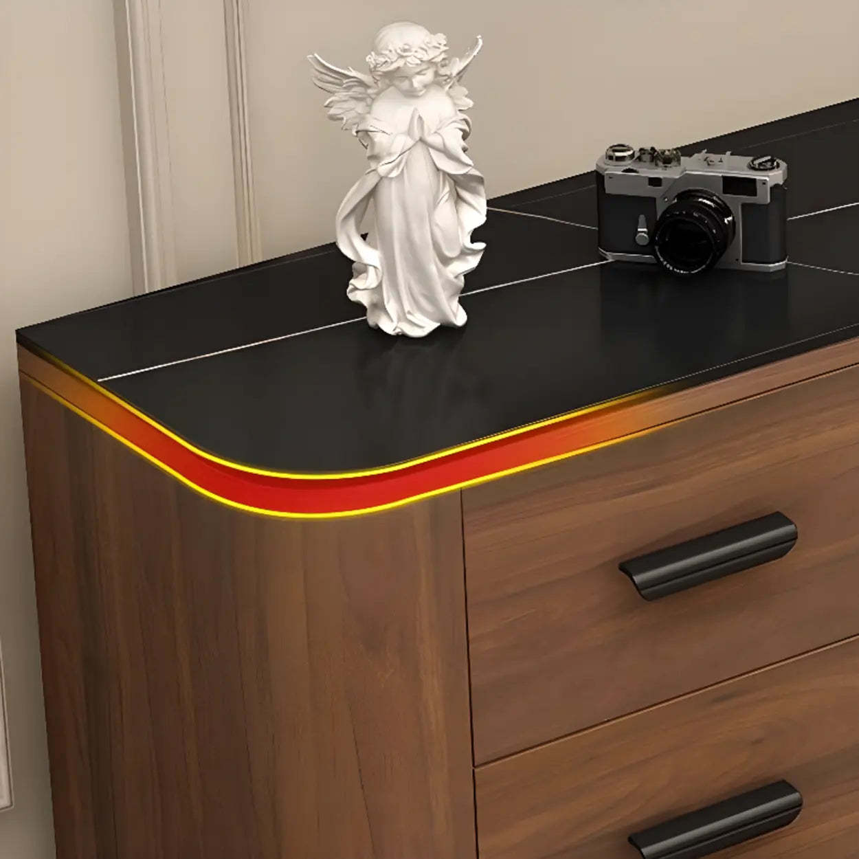 Mid-Century Walnut TV Stand with Black Top