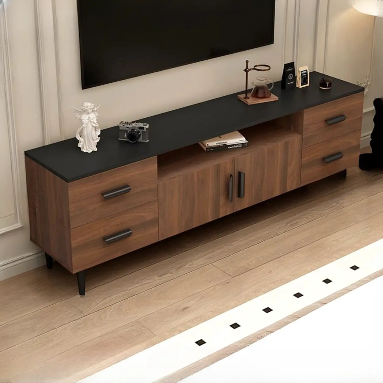 Mid-Century Walnut TV Stand with Black Top