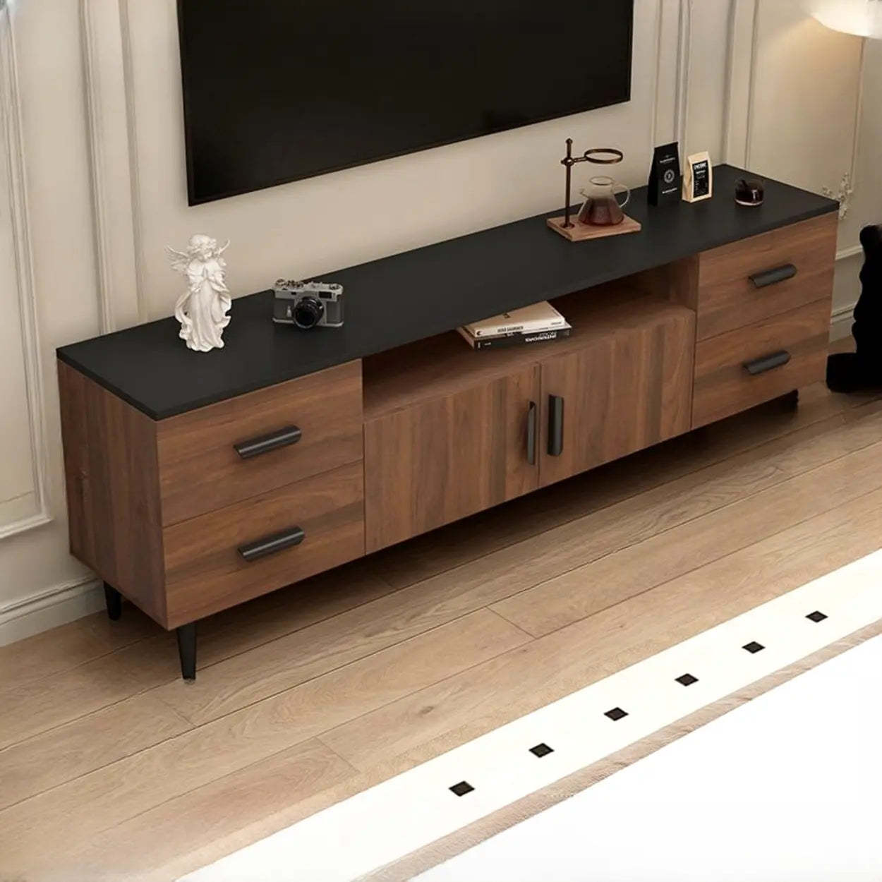 Mid-Century Walnut TV Stand with Black Top