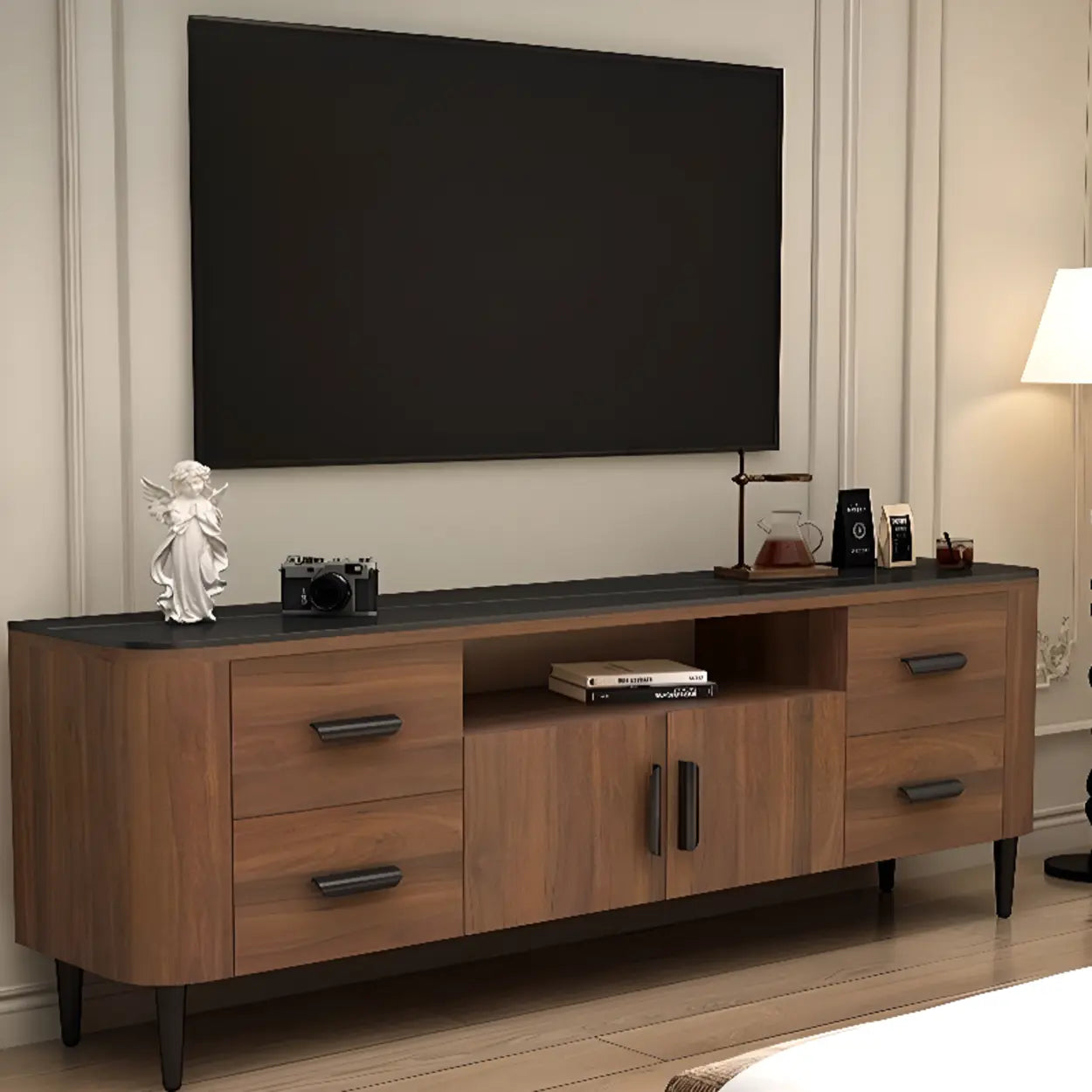 Mid-Century Walnut TV Stand with Black Top